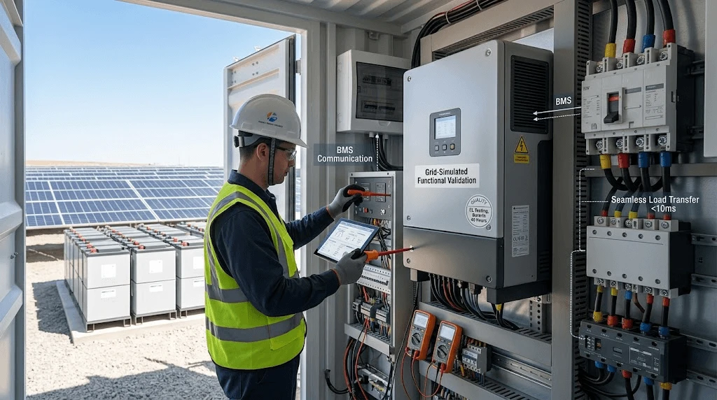 Electrical engineer conducting grid-simulated functional validation and BMS communication check on a commercial hybrid inverter inside a micro-grid container. Electrical engineer conducting grid-simulated functional validation and BMS communication check on a commercial hybrid inverter inside a micro-grid container.